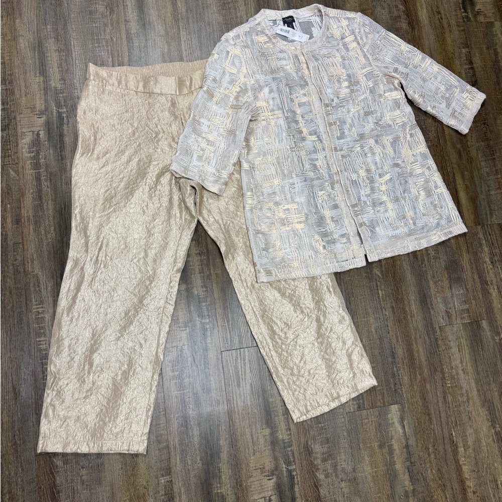 Chico's Metallic Gold Cream Travelers Pant Mesh Jacket Set Mother of the Bride - Picture 16 of 16